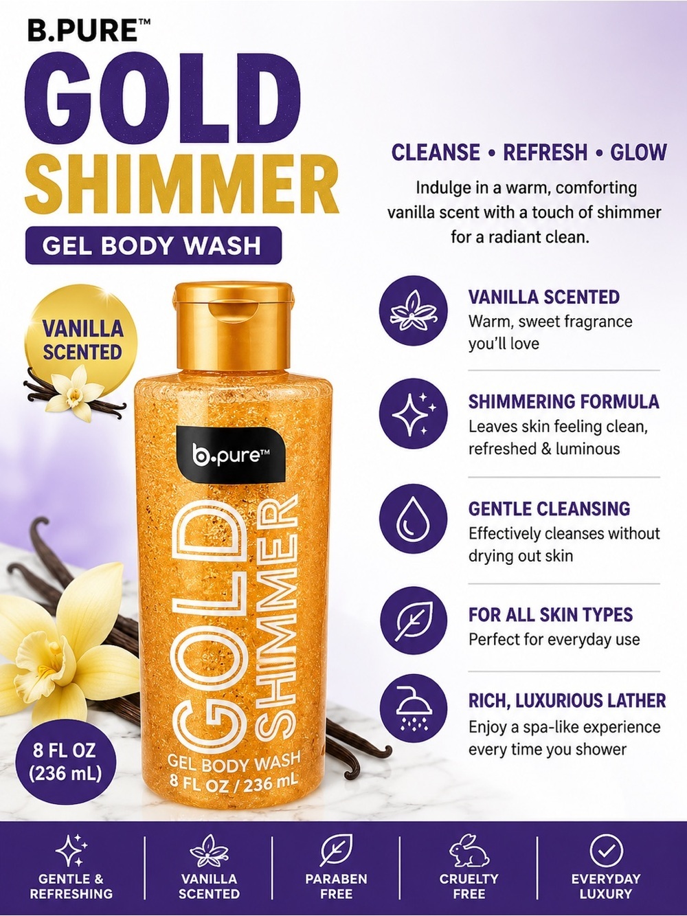 Gold Shimmer Vanilla Scented Gel Body Wash — Gold